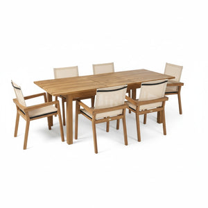 English Elm 7 Piece Solid Acacia Outdoor Dining Set Extendable Table Six Armchairs Teak Tone N762S000003A