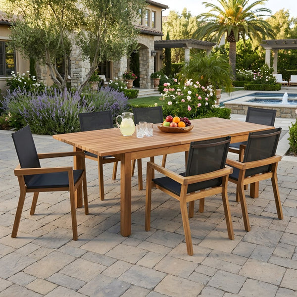 English Elm 7 Piece Acacia Wood Outdoor Dining Set with Extendable Table and Mesh Armchairs N762S000003D