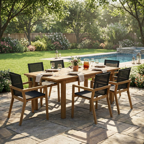 English Elm 7 Piece Acacia Wood Outdoor Dining Set with Extendable Table and Mesh Armchairs N762S000003D