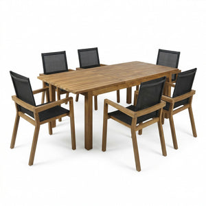 English Elm 7 Piece Acacia Wood Outdoor Dining Set with Extendable Table and Mesh Armchairs N762S000003D