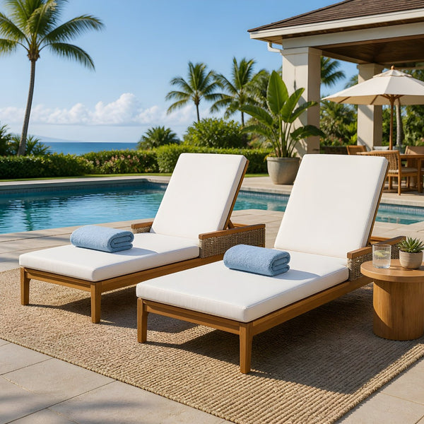 English Elm 76.8" Acacia Wood Outdoor Chaise Lounger Set Woven Rattan Armrests Poolside Patio Beige+Light Grey+Natural N762S000020AAA