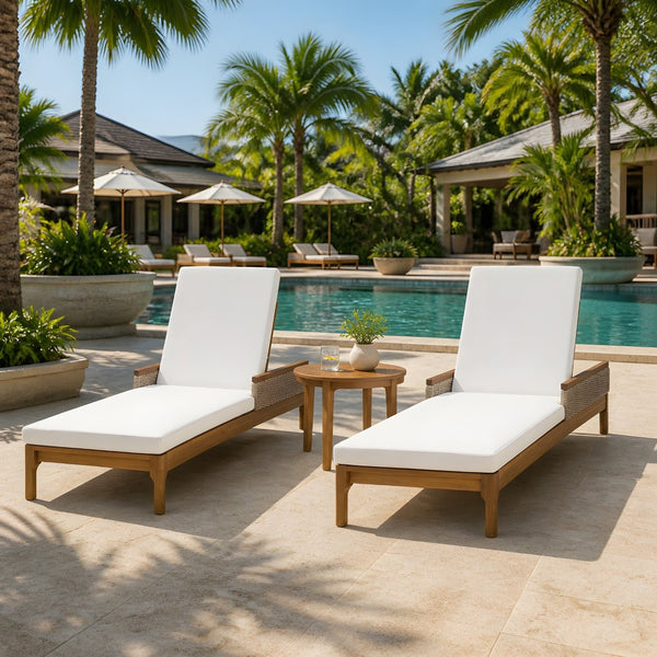 English Elm 76.8" Acacia Wood Outdoor Chaise Lounger Set Woven Rattan Armrests Poolside Patio Beige+Light Grey+Natural N762S000020AAA