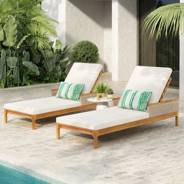 English Elm 76.8" Acacia Wood Outdoor Chaise Lounger Set Woven Rattan Armrests Poolside Patio Beige+Light Grey+Natural N762S000020AAA