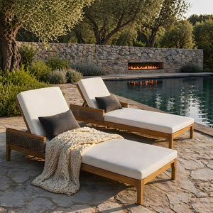 English Elm 76.8" Acacia Wood Outdoor Chaise Lounger Set Woven Rattan Armrests Poolside Patio Beige+Light Grey+Natural N762S000020AAA