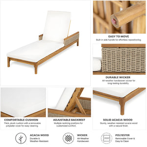 English Elm 76.8" Acacia Wood Outdoor Chaise Lounger Set Woven Rattan Armrests Poolside Patio Beige+Light Grey+Natural N762S000020AAA