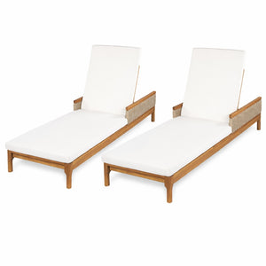 English Elm 76.8" Acacia Wood Outdoor Chaise Lounger Set Woven Rattan Armrests Poolside Patio Beige+Light Grey+Natural N762S000020AAA