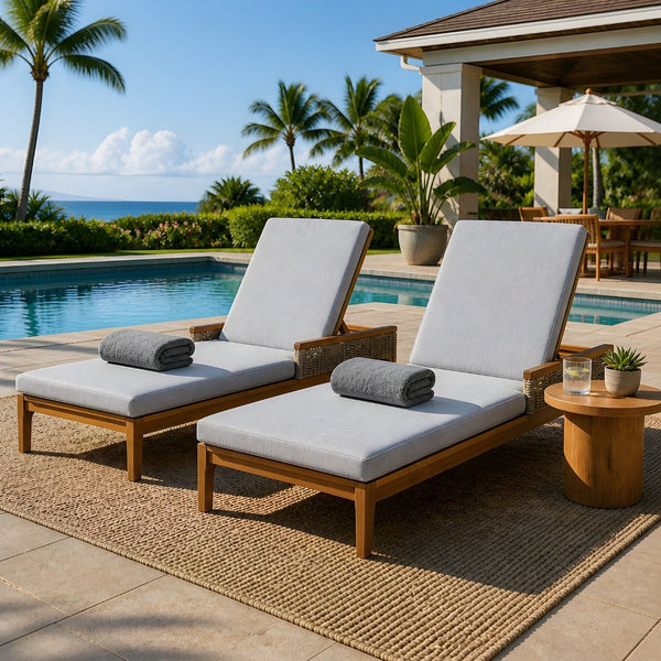 English Elm 76.8" Acacia Wood Outdoor Chaise Lounger Set Woven Rattan Armrests Poolside Patio Light Grey+Natural N762S000020AAE
