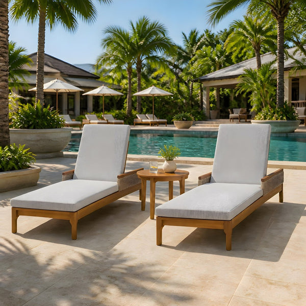 English Elm 76.8" Acacia Wood Outdoor Chaise Lounger Set Woven Rattan Armrests Poolside Patio Light Grey+Natural N762S000020AAE