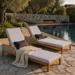 English Elm 76.8" Acacia Wood Outdoor Chaise Lounger Set Woven Rattan Armrests Poolside Patio Light Grey+Natural N762S000020AAE