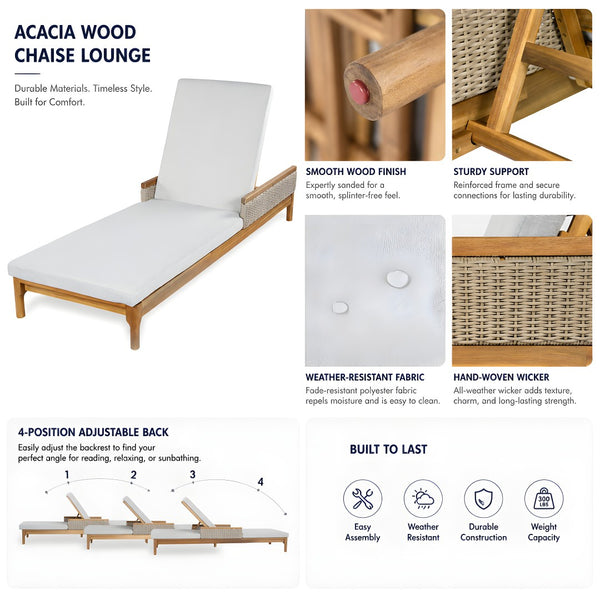 English Elm 76.8" Acacia Wood Outdoor Chaise Lounger Set Woven Rattan Armrests Poolside Patio Light Grey+Natural N762S000020AAE