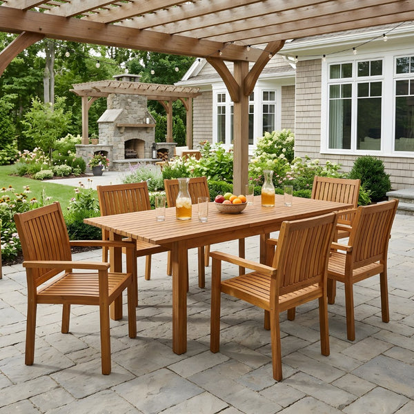 English Elm 7 Piece Solid Acacia Hardwood Outdoor Dining Set with Extendable Table and Six Chairs N762S000025A