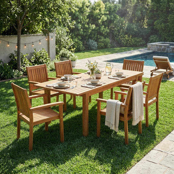 English Elm 7 Piece Solid Acacia Hardwood Outdoor Dining Set with Extendable Table and Six Chairs N762S000025A