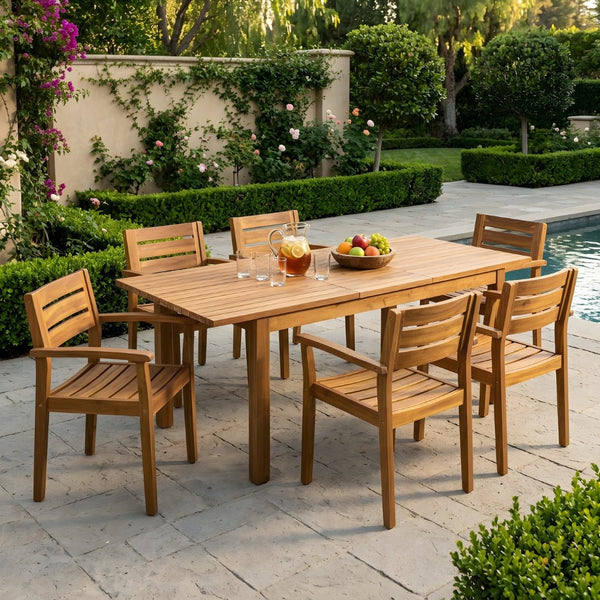 English Elm 7 Piece Solid Acacia Outdoor Dining Set Extendable Table Six Slatted Chairs Teak N762S000033A