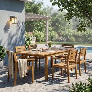 English Elm 7 Piece Solid Acacia Outdoor Dining Set Extendable Table Six Slatted Chairs Teak N762S000033A