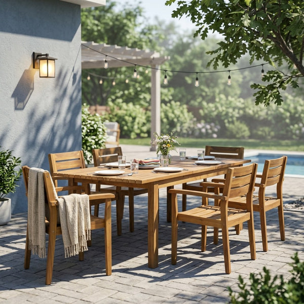 English Elm 7 Piece Solid Acacia Outdoor Dining Set Extendable Table Six Slatted Chairs Teak N762S000033A