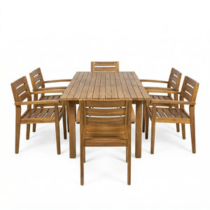 English Elm 7 Piece Solid Acacia Outdoor Dining Set Extendable Table Six Slatted Chairs Teak N762S000033A
