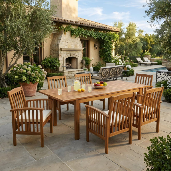 English Elm 7 Piece Solid Acacia Outdoor Dining Set Extendable Table Six Chairs Teak Finish N762S000036A