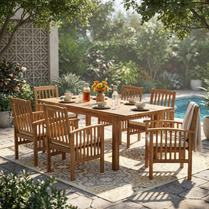 English Elm 7 Piece Solid Acacia Outdoor Dining Set Extendable Table Six Chairs Teak Finish N762S000036A