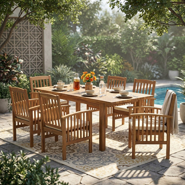 English Elm 7 Piece Solid Acacia Outdoor Dining Set Extendable Table Six Chairs Teak Finish N762S000036A