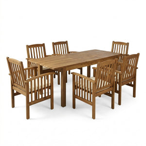 English Elm 7 Piece Solid Acacia Outdoor Dining Set Extendable Table Six Chairs Teak Finish N762S000036A