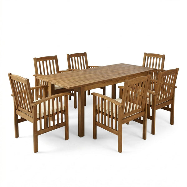English Elm 7 Piece Solid Acacia Outdoor Dining Set Extendable Table Six Chairs Teak Finish N762S000036A