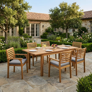 English Elm 7 Piece Solid Acacia Outdoor Dining Set Extendable Teak Table Six Cushioned Chairs N762S000039A
