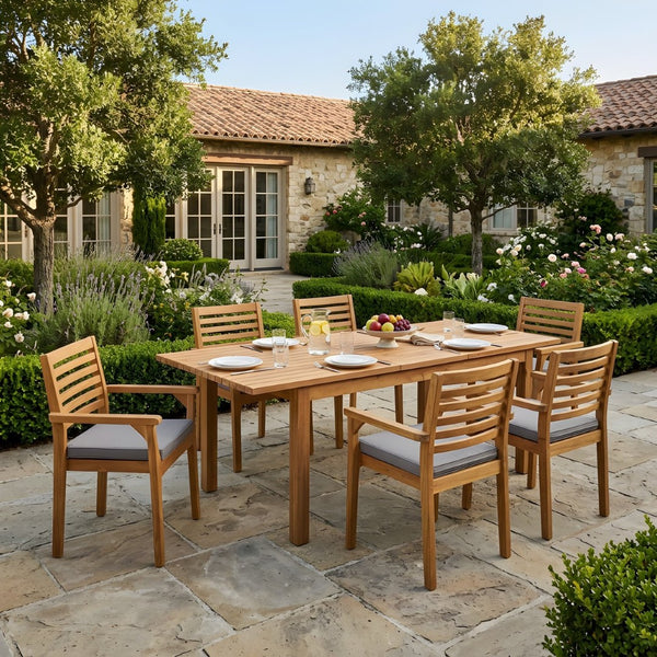 English Elm 7 Piece Solid Acacia Outdoor Dining Set Extendable Teak Table Six Cushioned Chairs N762S000039A