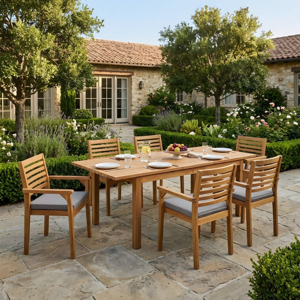 English Elm 7 Piece Solid Acacia Extendable Outdoor Dining Set with Handwoven Rope Chairs Teak Finish Teak - B N762S000039A