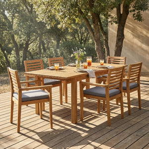 English Elm 7 Piece Solid Acacia Outdoor Dining Set Extendable Teak Table Six Cushioned Chairs N762S000039A