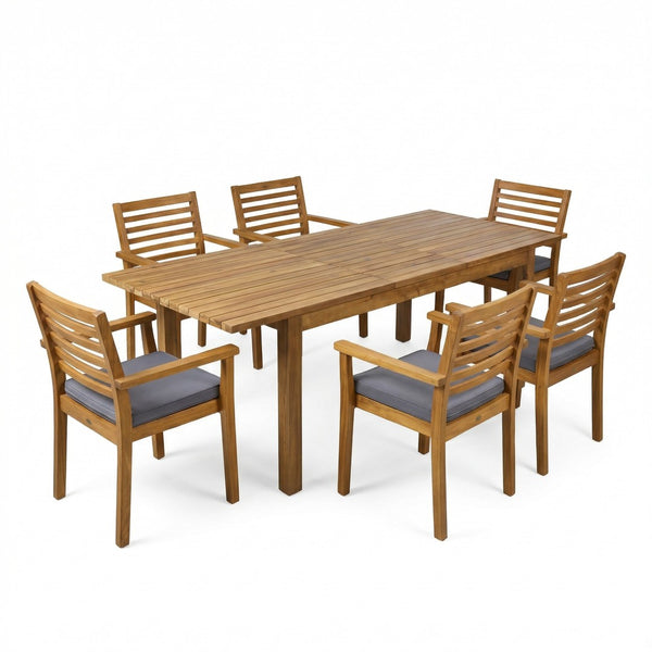 English Elm 7 Piece Solid Acacia Outdoor Dining Set Extendable Teak Table Six Cushioned Chairs N762S000039A