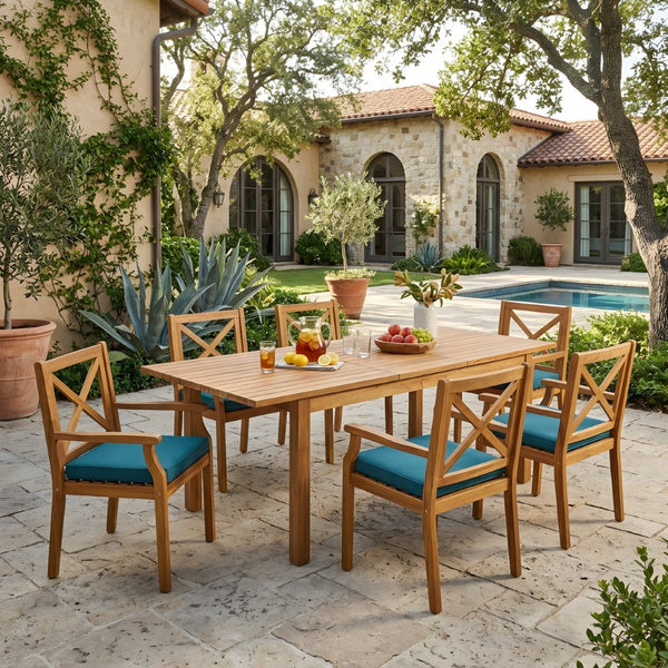 English Elm 7 Piece Solid Acacia Hardwood Extendable Outdoor Dining Set with Six Cushioned Armchairs Blue N762S000042C