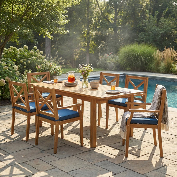 English Elm 7 Piece Solid Acacia Hardwood Extendable Outdoor Dining Set with Six Cushioned Armchairs Blue N762S000042C