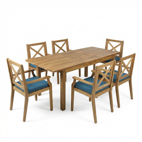 English Elm 7 Piece Solid Acacia Hardwood Extendable Outdoor Dining Set with Six Cushioned Armchairs Blue N762S000042C