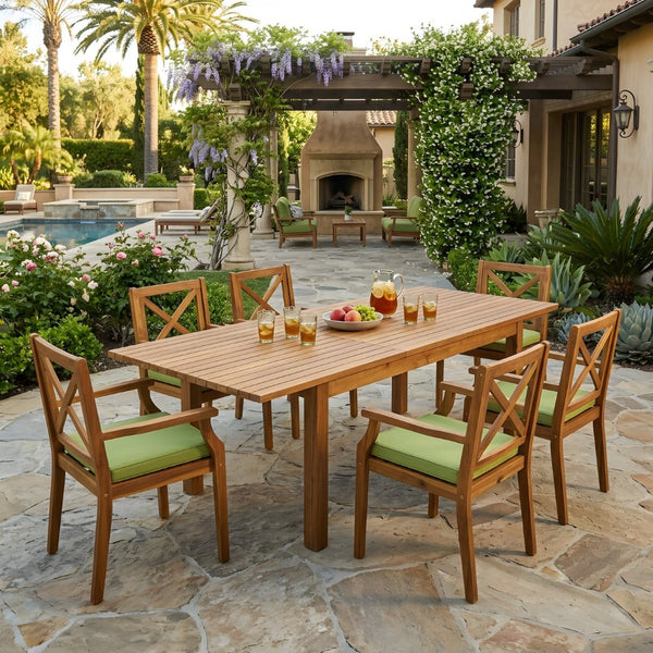 English Elm 7 Piece Solid Acacia Hardwood Extendable Outdoor Dining Set with Six Cushioned Armchairs Green N762S000042F
