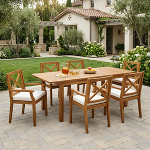 English Elm 7 Piece Solid Acacia Hardwood Extendable Outdoor Dining Set with Six Cushioned Armchairs Cream N762S000042K