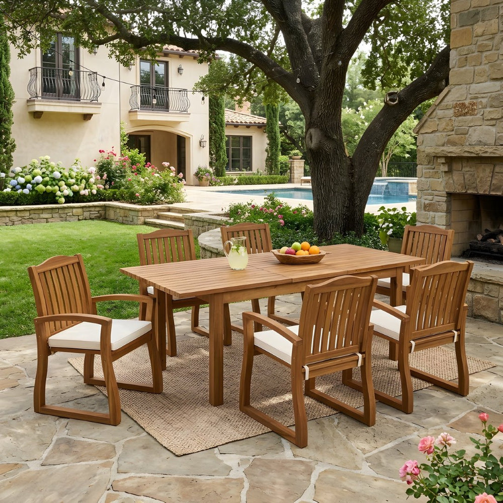 English Elm 7 Piece Solid Acacia Extendable Outdoor Dining Set with Six Armchairs Teak Finish N762S000045A