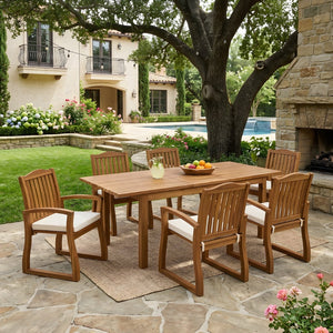 English Elm 7 Piece Solid Acacia Extendable Outdoor Dining Set with Six Armchairs Teak Finish N762S000045A