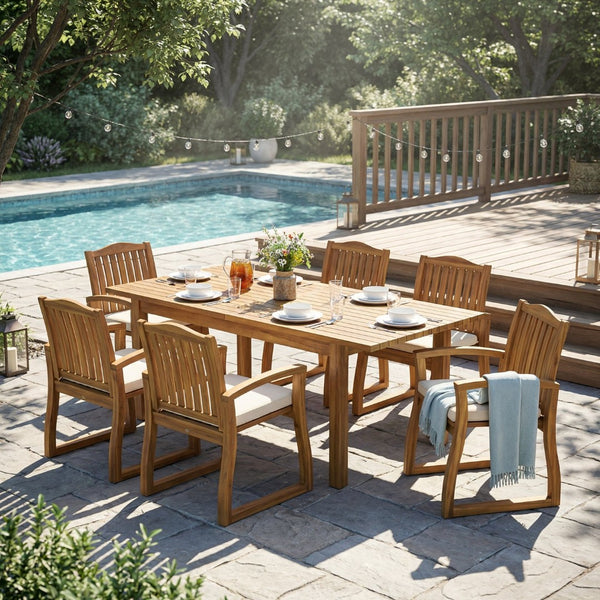 English Elm 7 Piece Solid Acacia Extendable Outdoor Dining Set with Six Armchairs Teak Finish N762S000045A