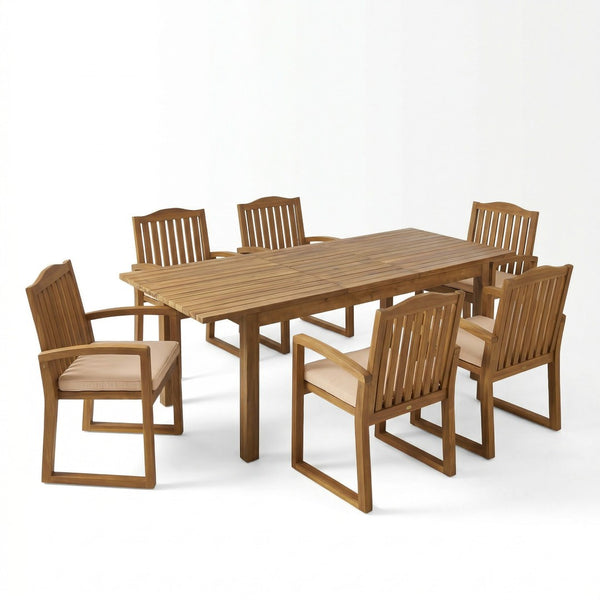 English Elm 7 Piece Solid Acacia Extendable Outdoor Dining Set with Six Armchairs Teak Finish N762S000045A