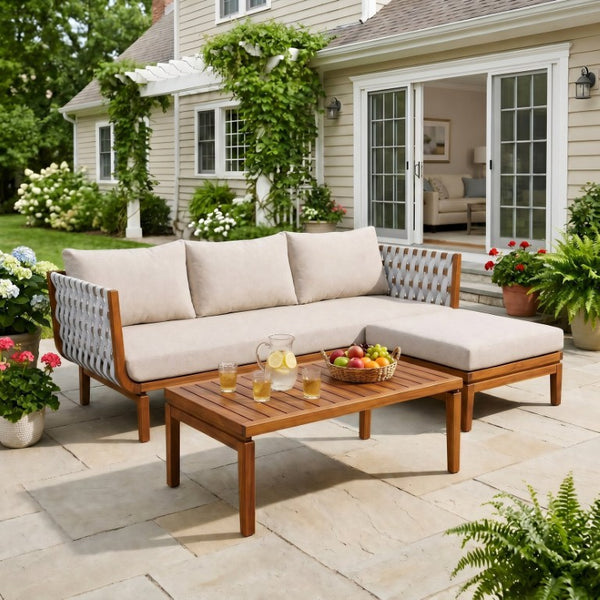 English Elm 3-Piece Acacia Wood Outdoor Sofa Ottoman and Table Set with Woven Rope Coastal Charm N762S000048AAD
