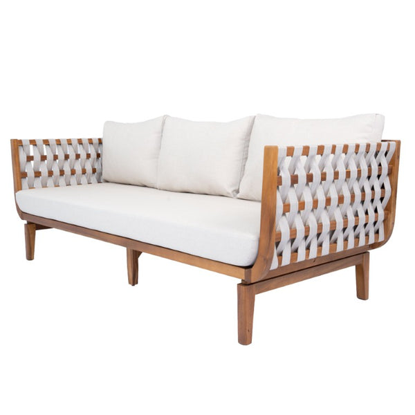 English Elm 3-Piece Acacia Wood Outdoor Sofa Ottoman and Table Set with Woven Rope Coastal Charm N762S000048AAD