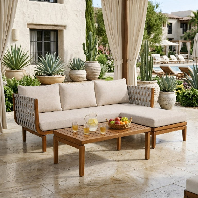 English Elm 3-Piece Acacia Wood Outdoor Sofa Ottoman and Table Set with Woven Rope Coastal Charm N762S000048AAD