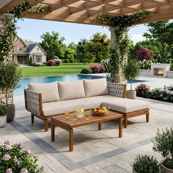 English Elm 3-Piece Acacia Wood Outdoor Sofa Ottoman and Table Set with Woven Rope Coastal Charm N762S000048AAD