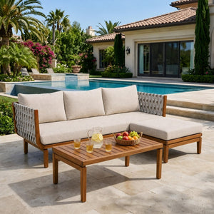 English Elm 3-Piece Acacia Wood Outdoor Sofa Ottoman and Table Set with Woven Rope Coastal Charm N762S000048AAD