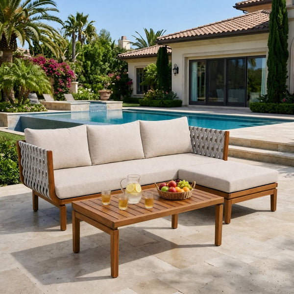 English Elm 3-Piece Acacia Wood Outdoor Sofa Ottoman and Table Set with Woven Rope Coastal Charm N762S000048AAD