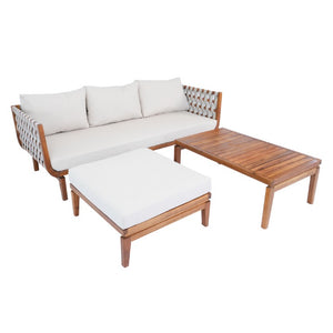 English Elm 3-Piece Acacia Wood Outdoor Sofa Ottoman and Table Set with Woven Rope Coastal Charm N762S000048AAD