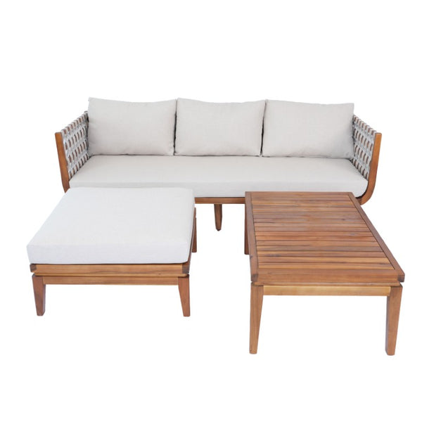 English Elm 3-Piece Acacia Wood Outdoor Sofa Ottoman and Table Set with Woven Rope Coastal Charm N762S000048AAD