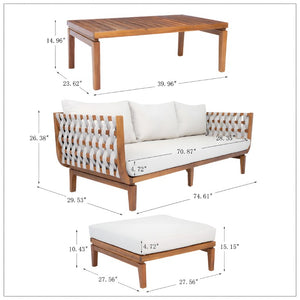 English Elm 3-Piece Acacia Wood Outdoor Sofa Ottoman and Table Set with Woven Rope Coastal Charm N762S000048AAD