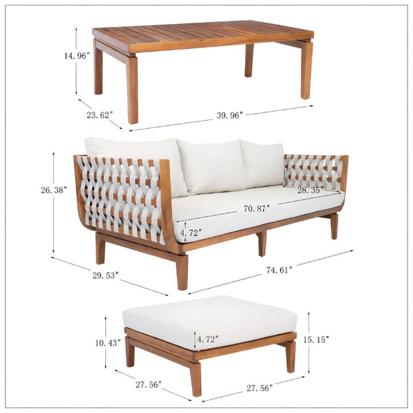 English Elm 3-Piece Acacia Wood Outdoor Sofa Ottoman and Table Set with Woven Rope Coastal Charm N762S000048AAD