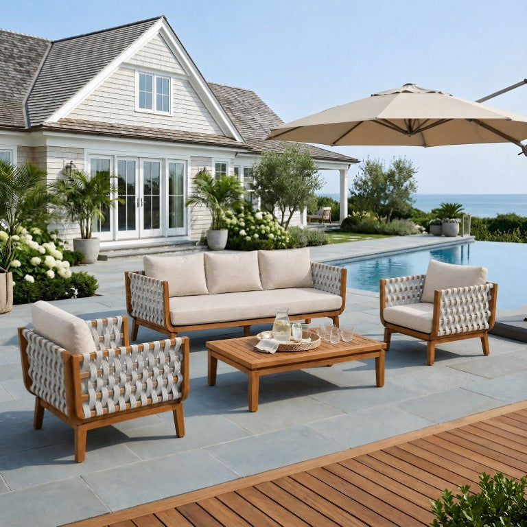 English Elm 4 Piece Outdoor Acacia Wood Conversation Set with Teak Finish and Woven Rope Lounge Seating N762S000049AAD